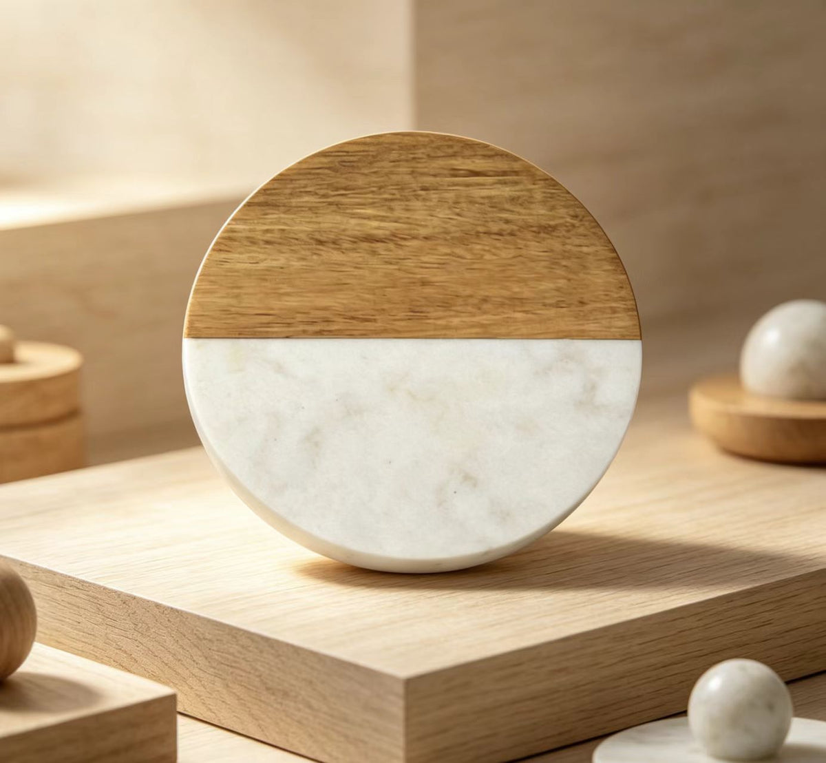 Round Acacia Wood and Marble Trivet Heat Resistant Hot Pad Kitchen Counter Protector Wooden Stone Pot Holder