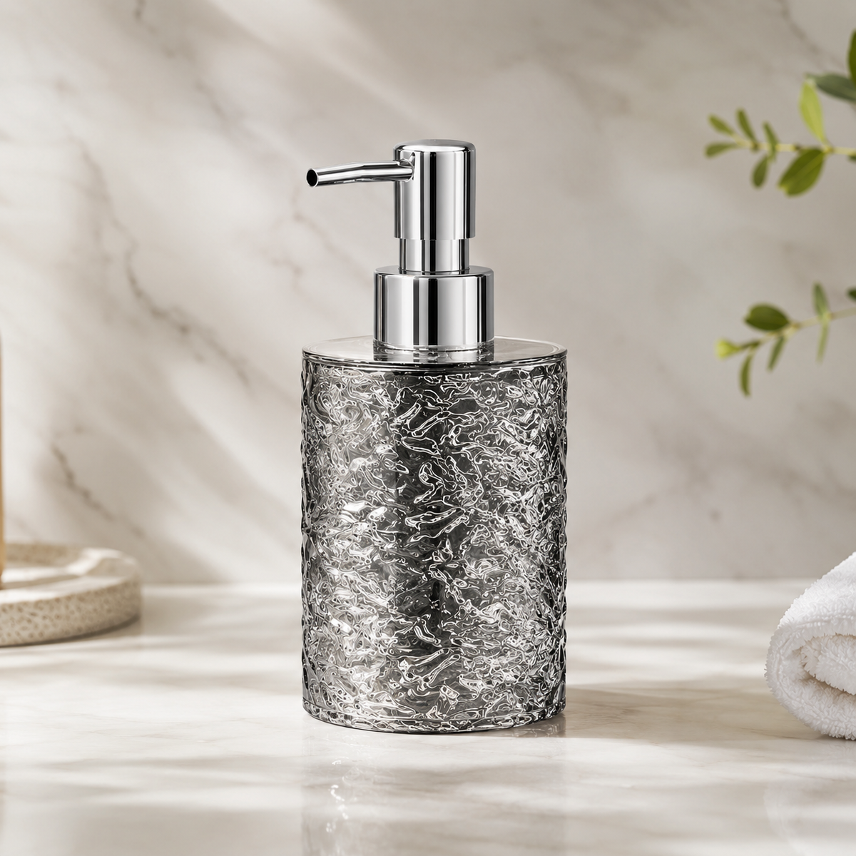 moky Grey Wave Texture Refillable Pump Bottle, Modern Bathroom Lotion & Shampoo Dispenser, Minimalist Travel Container