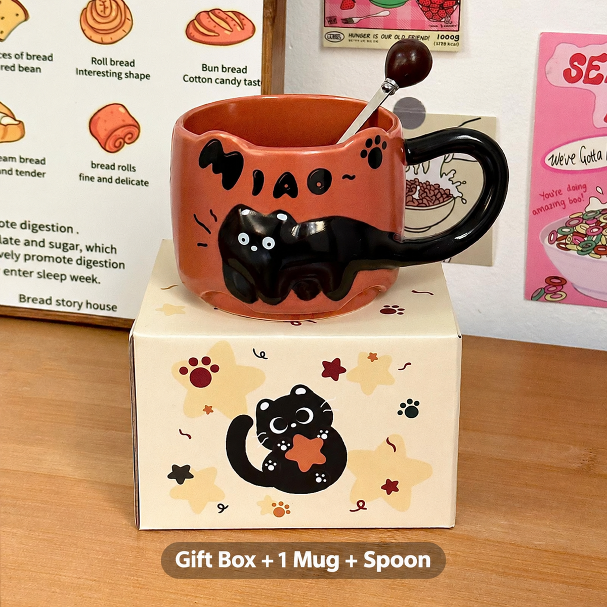 Cute Black Cat Ceramic Mug – 380ml Coffee Cup with Cat Tail Handle, Spoon and Gift Box in Four Colors