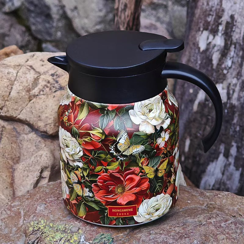 Vintage Pattern Stainless Steel Tea Pot 1000ML Insulated Kettle