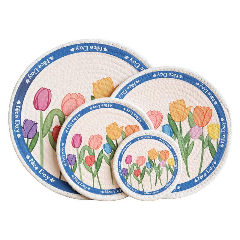 Nordic Tulip Print Woven Cotton Rope Trivet, Heat Resistant Table Mat & Coaster