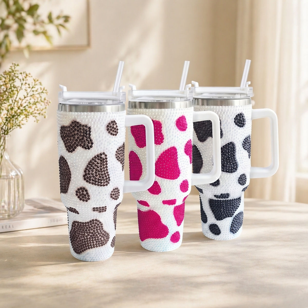 40oz Stainless Steel Cow Print Rhinestone Insulated Tumbler With Handle Large Travel Mug Sparkle Cup