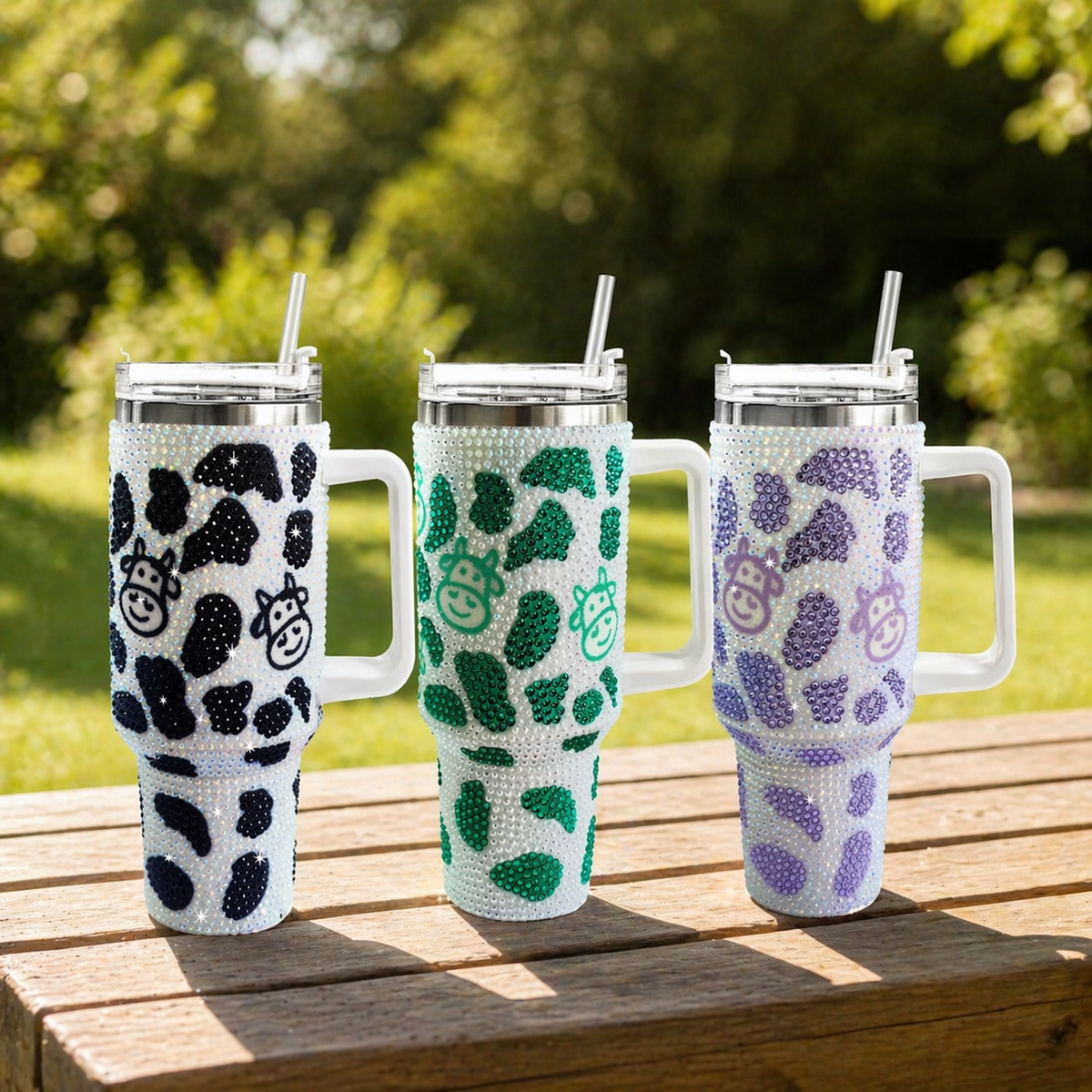 40oz Cow Print Rhinestone Tumbler With Handle Stainless Steel Insulated Travel Mug Large Capacity Sparkle Cup