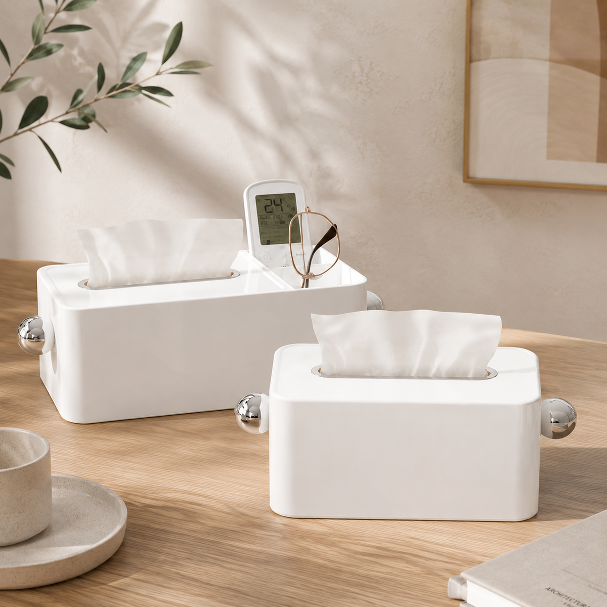Pure White Multi-Function Tissue Box Holder, Minimalist Home Napkin Storage Organizer for Living Room & Desktop