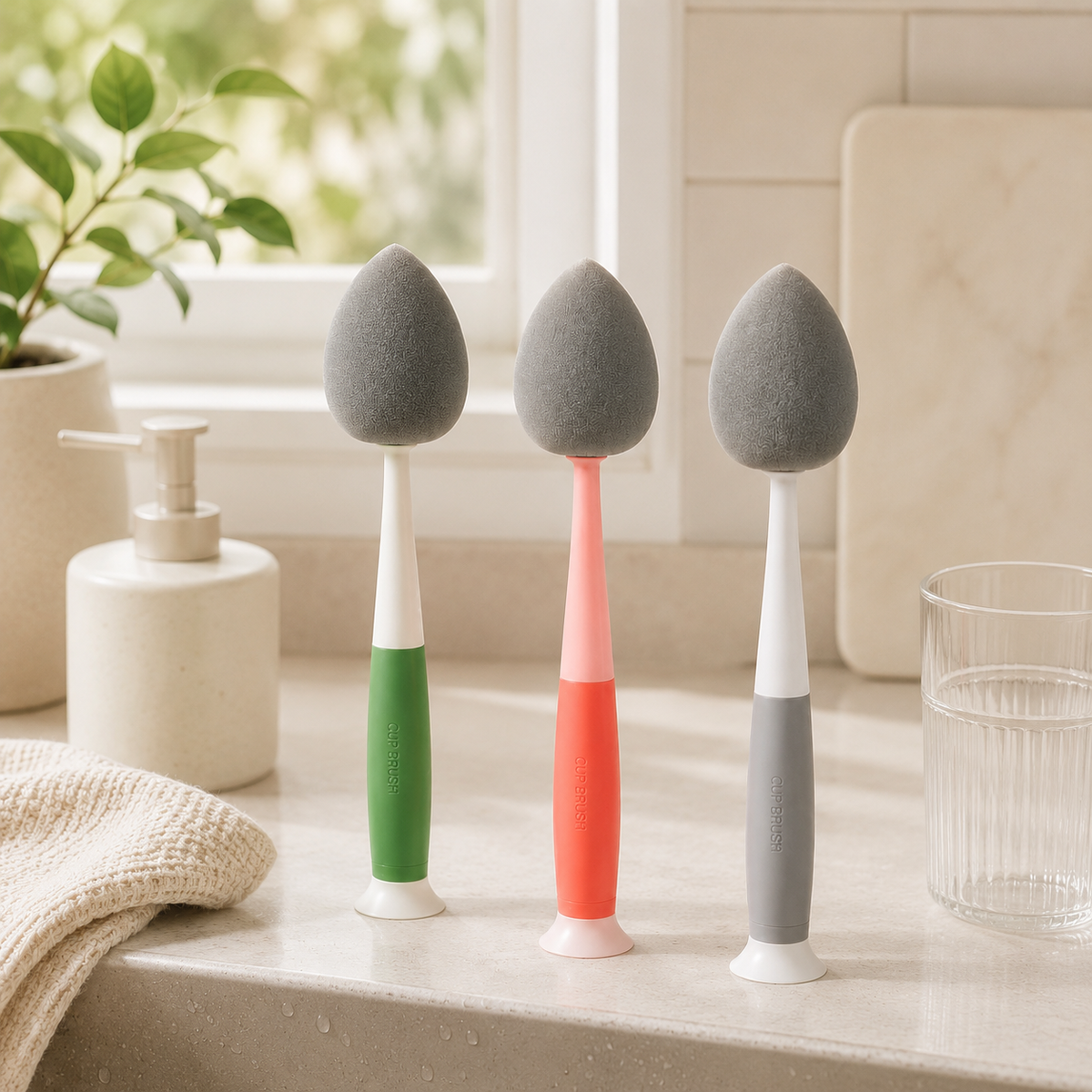 Sponge Cup Brush with Long Handle, Portable Bottle & Beauty Sponge Cleaner