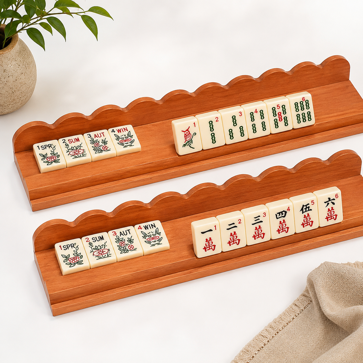 Wooden Mahjong Rack Set – Lightweight Tile Holder with Magnetic Pushers for American Mahjong Games