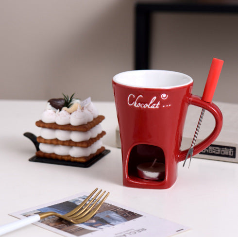 Ceramic Chocolate Fondue Mug Set – Mini Cheese & Dessert Melting Cup with Tea Light Warmer and Fork, 3 Colors