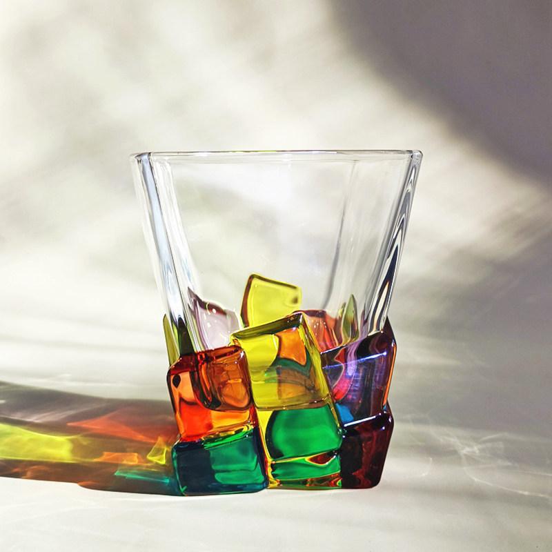 Color Block Whiskey Glass – 300ml Sculptural Glass Tumbler, Geometric Ice Cube Design for Juice, Water & Cocktails