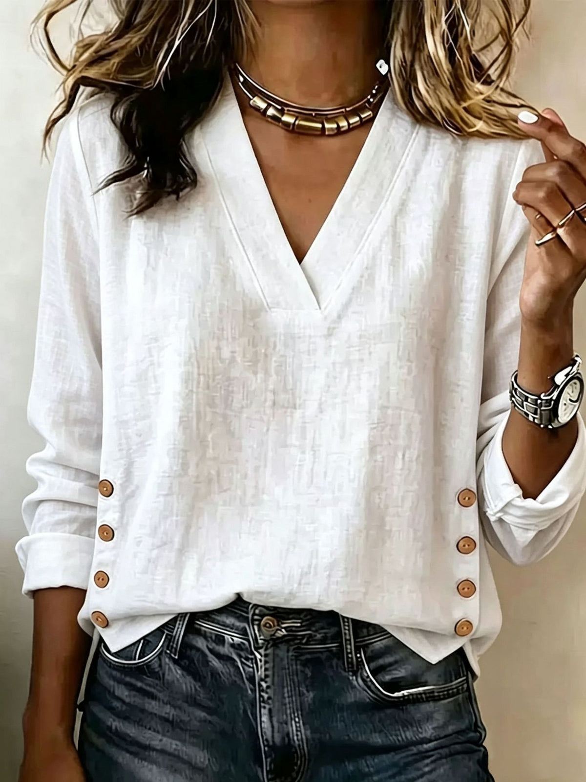 Cotton Linen V-Neck Button Side Top
