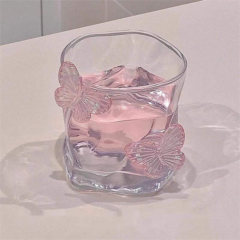 200ml Butterfly Glass Tumbler – Decorative Clear Drinking Glass with Pink Butterfly Accents