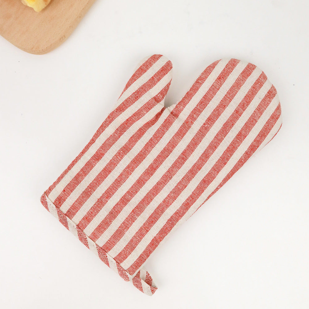 Striped Cotton Linen Oven Mitt – Heat‑Resistant Quilted Cooking Glove for Baking & Kitchen Use