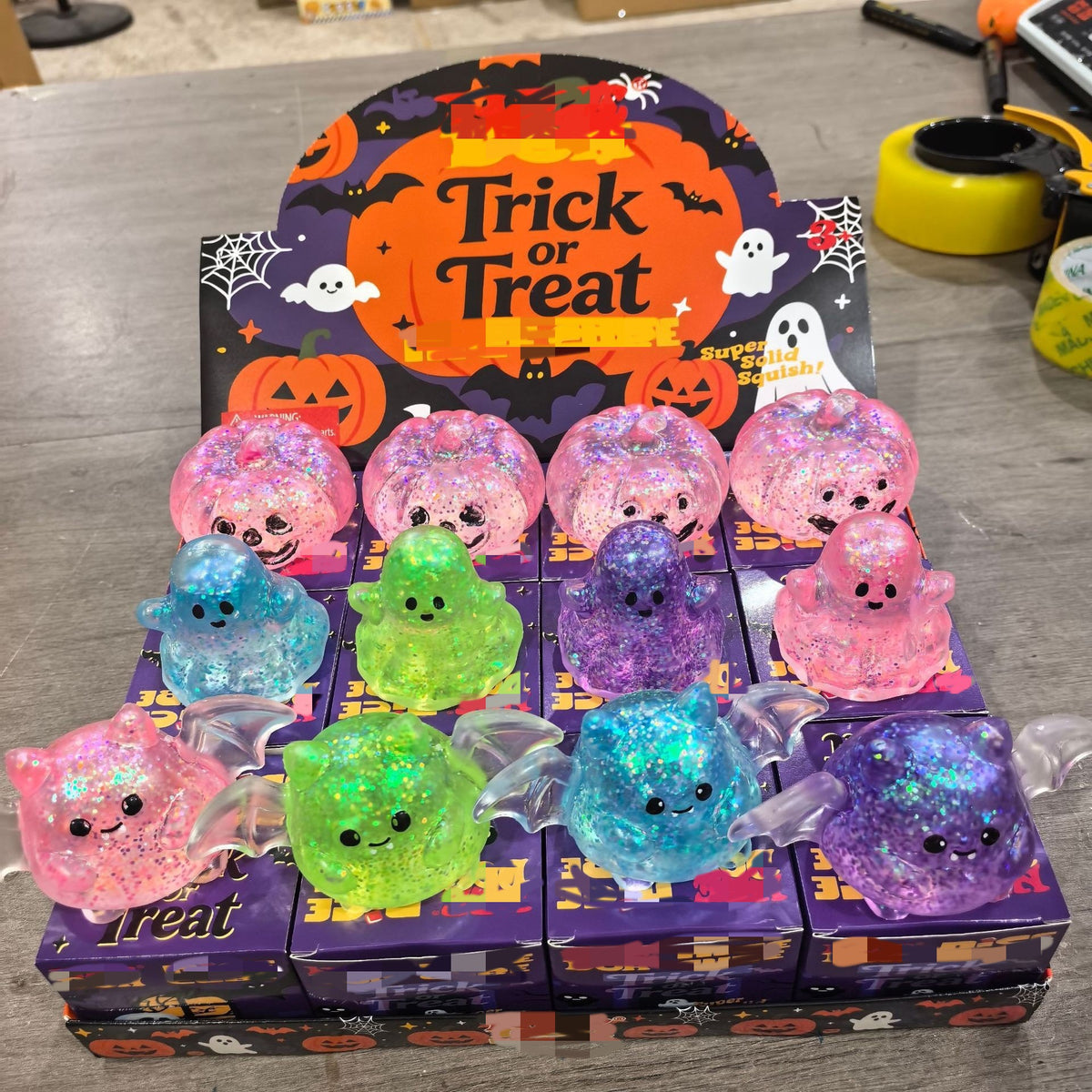 Halloween Squishy Toys – Glitter Ghost Pumpkin Bat Slow Rising Sensory Fidget Toys in Display Box for Kids Party Favors & Gifts