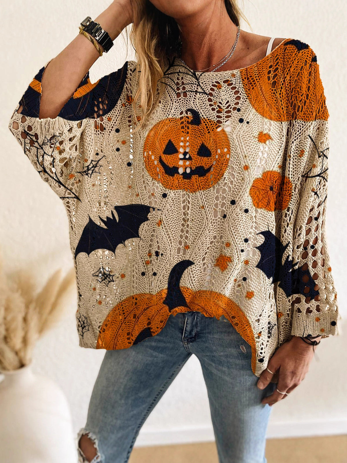Women’s Halloween Pumpkin Bat Oversized Sweater