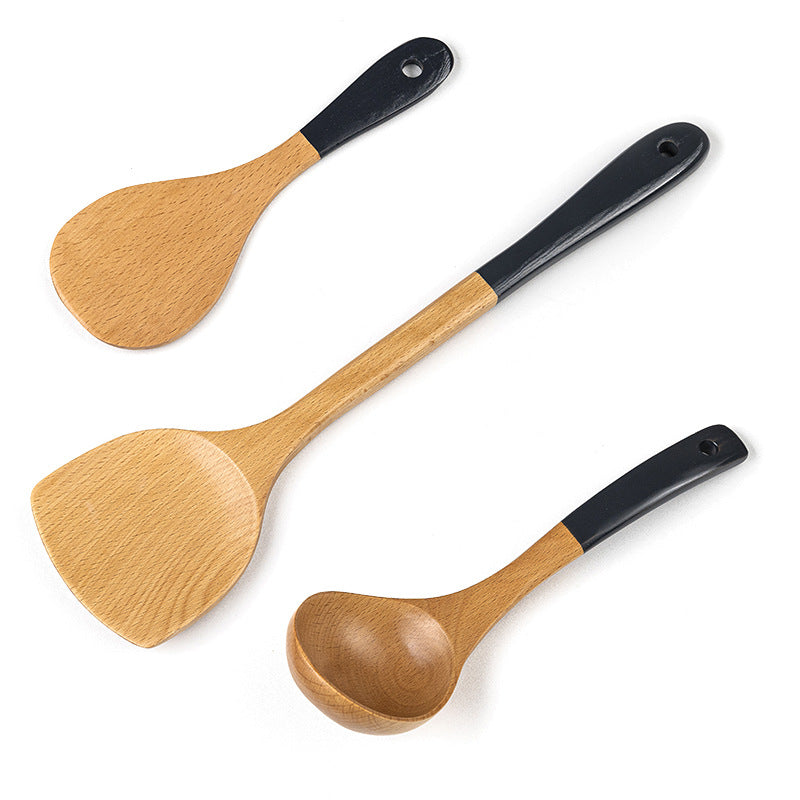 Beech Wood Kitchen Utensil Set – 3-Piece or 5-Piece Wooden Cooking Tools, Black Handle Spatula, Spoon & Ladle Set