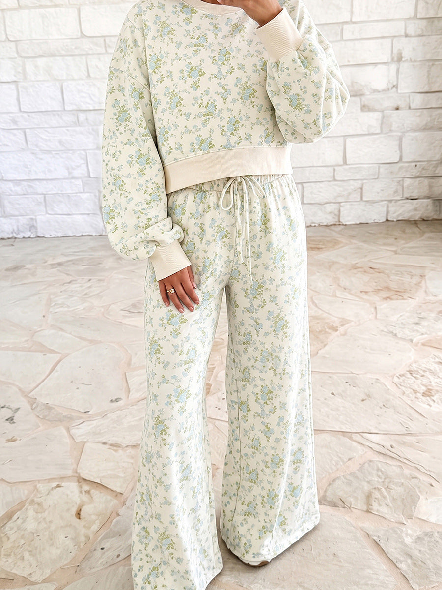 Floral Print Long Sleeve Sweatshirt & Wide Leg Pants Set
