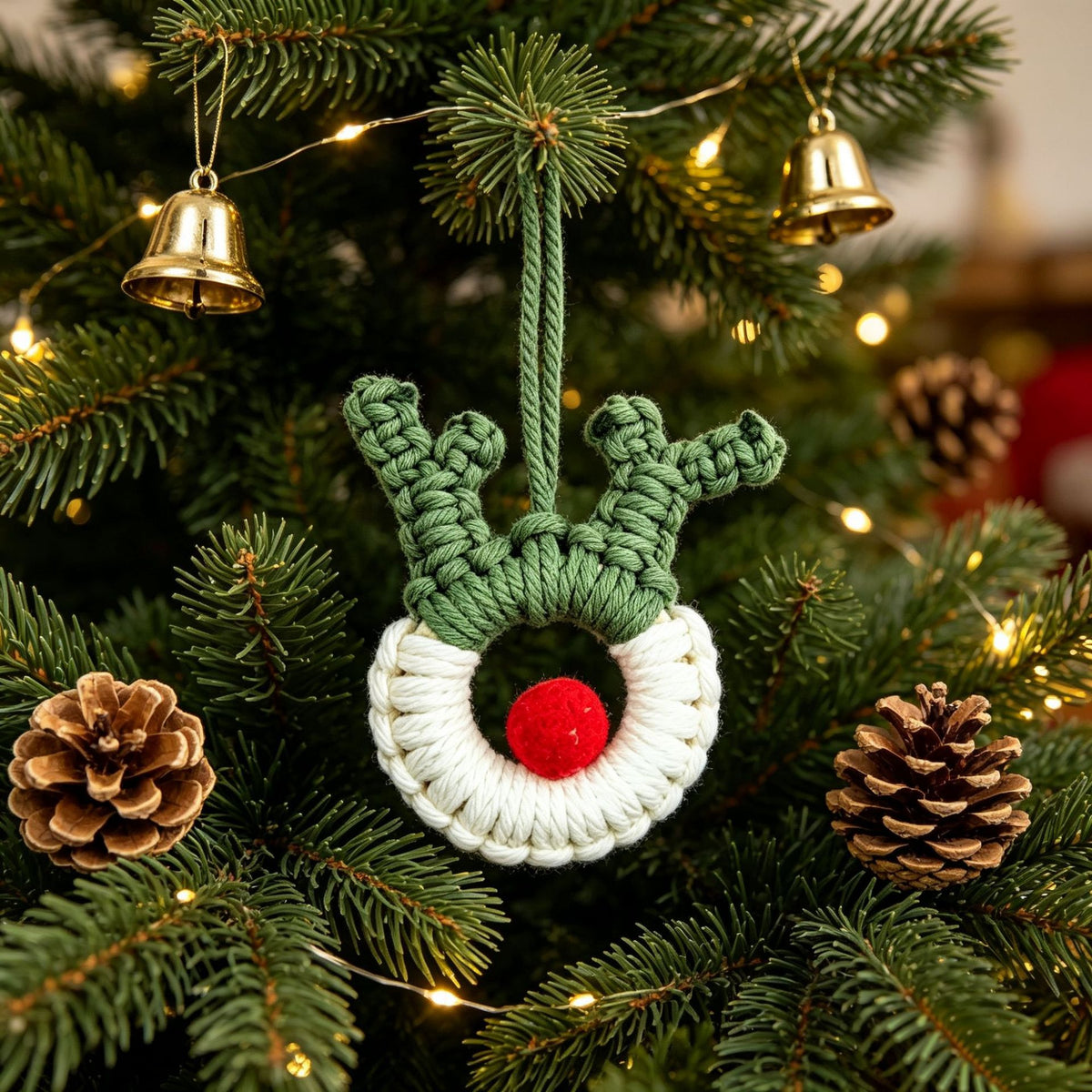 Macrame Reindeer Christmas Ornament – Handmade Cotton Rope Hanging Decoration