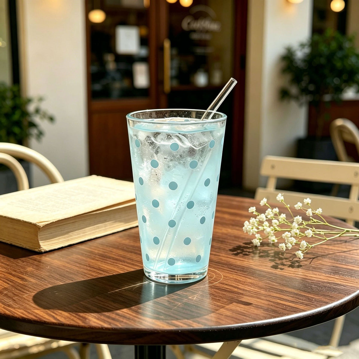 Polka Dot Glass Tumbler – 450ml Clear Drinking Cup with Glass Straw for Iced Coffee, Juice, Soda & Cold Drinks