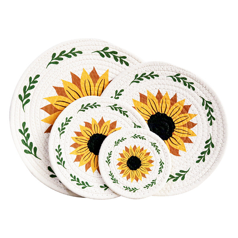 Farmhouse Sunflower Cotton Rope Placemat, Round Heat Resistant Table Mat & Trivet