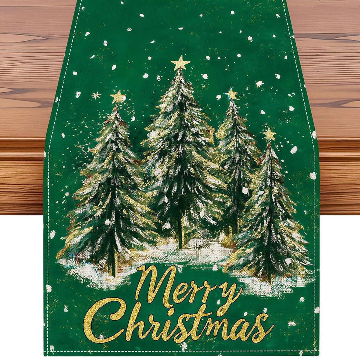 Christmas Tree Table Runner – Linen Holiday Table Decor with Merry Christmas Print, Festive Dining Table Runner for Christmas Party & Home Decoration