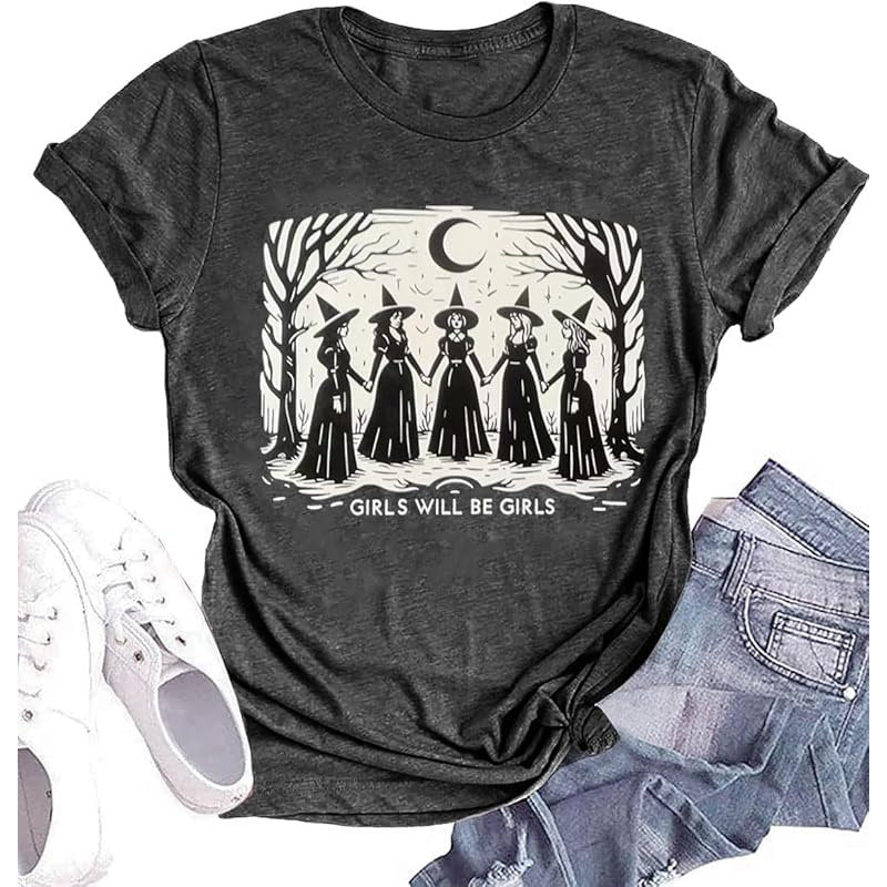 Women’s Cotton Graphic T-Shirt – Casual Short Sleeve Witch Print Tee