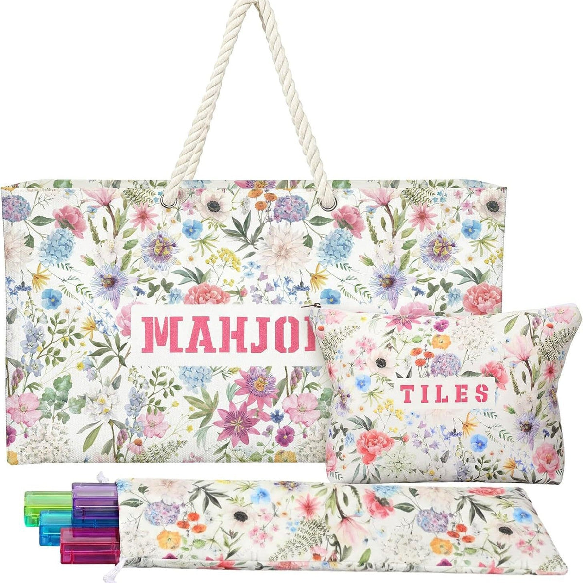 American Mahjong Storage Bag Set, Beige Floral Print 3-Piece Organizer