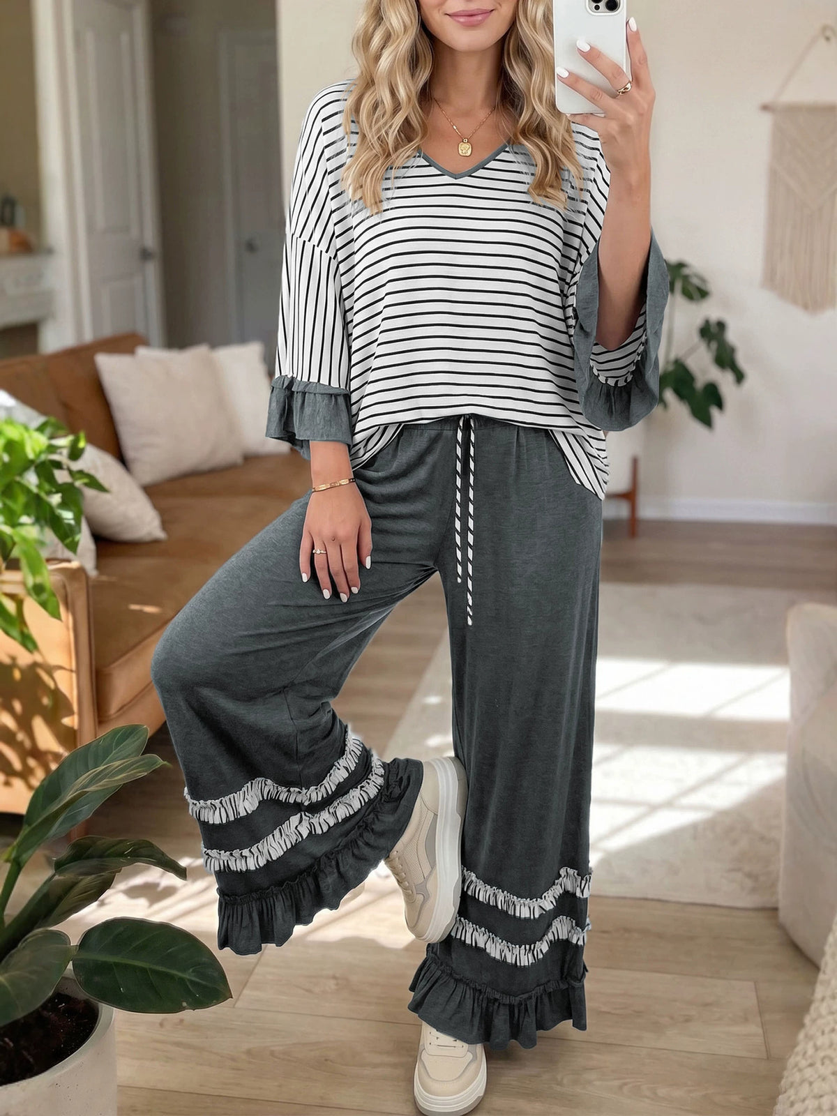 Women’s Striped Ruffle Sleeve Two-Piece Lounge Set – Casual Top & Wide Leg Pants