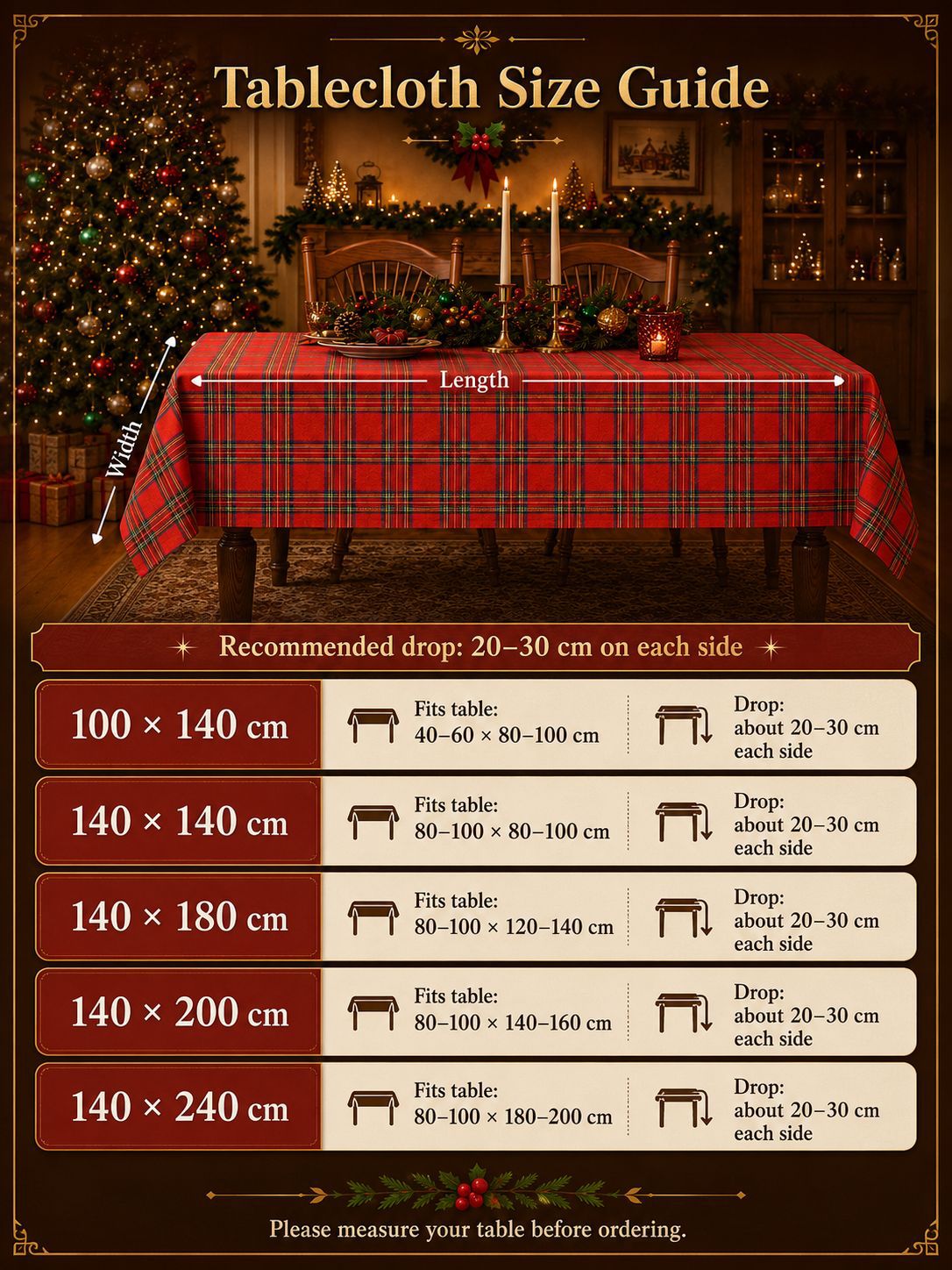 Christmas Tartan Tablecloth – Red Plaid Holiday Dining Table Cover for Christmas Dinner, Party, Fireplace Decor & Festive Home Styling