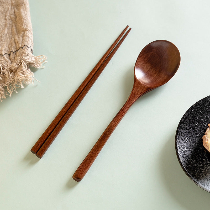 Nanmu Wood Spoon & Chopsticks Set – Natural Wooden Tableware Set with 1 Spoon and 1 Pair of Chopsticks for Dining