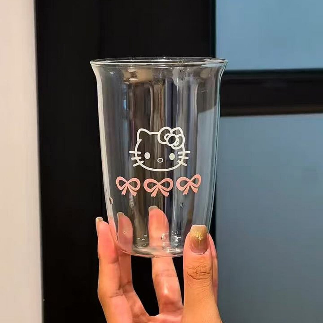 Cute Cat Glass Tumbler – 300ml Clear Drinking Cup with Bow Pattern for Iced Coffee, Juice, Soda & Cold Drinks