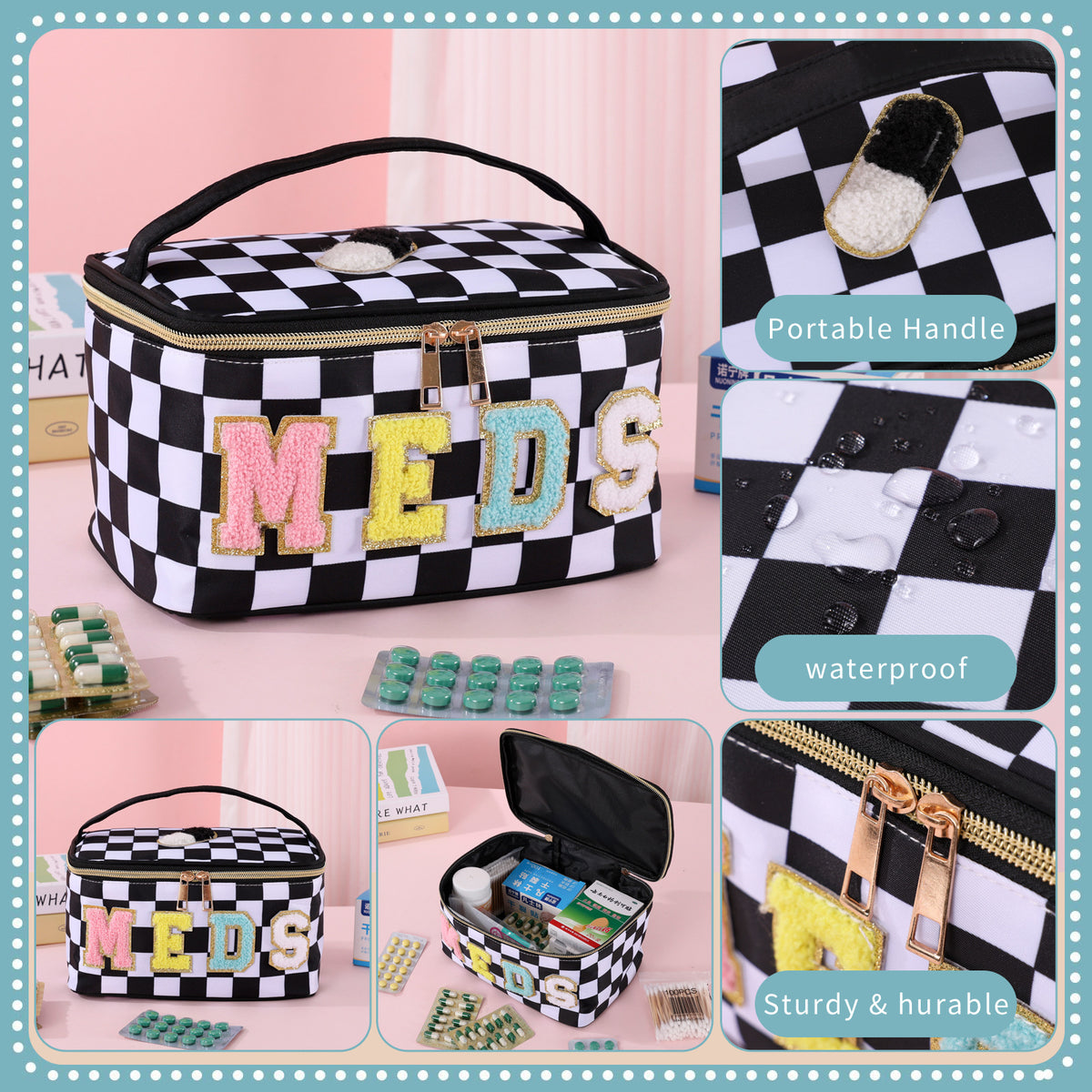 Waterproof Checkered Organizer Case with Handle for First Aid Supplies, Travel, Home & Daily Essentials