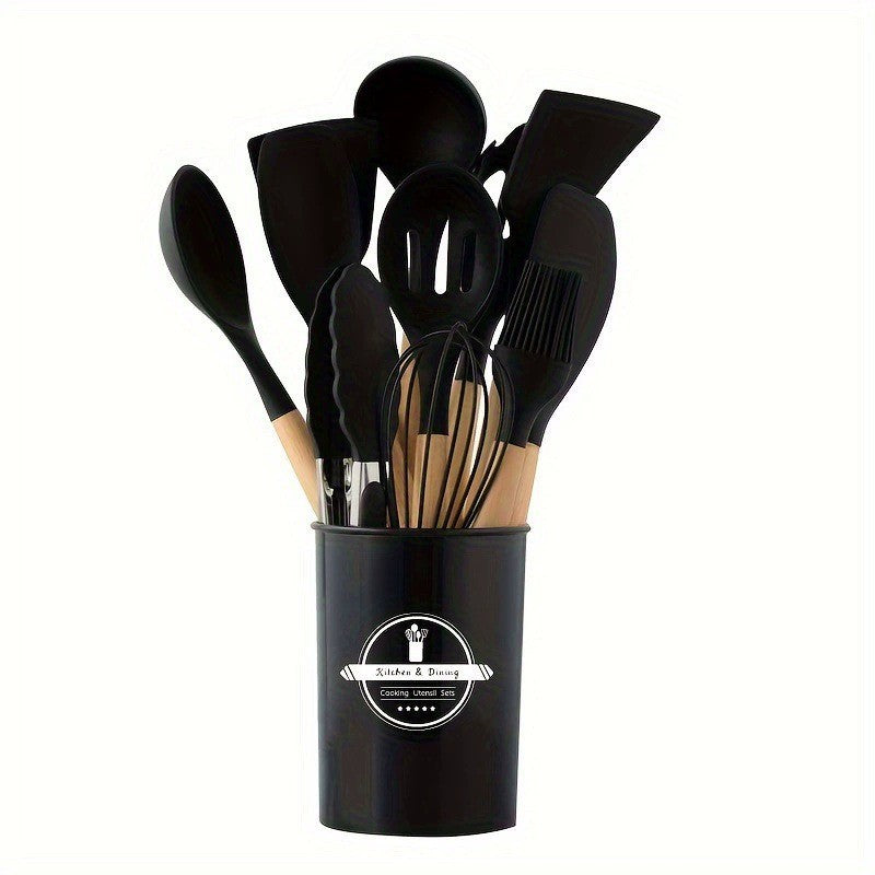 12-Piece Silicone Kitchen Utensil Set with Wooden Handles for Nonstick Cookware