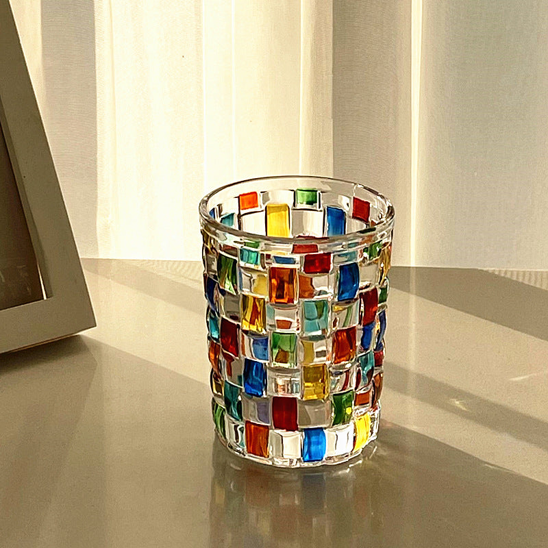 Colorful Mosaic Juice,  Whiskey Glass, 270ml Hand-Painted Style Checkered Drinking Tumbler