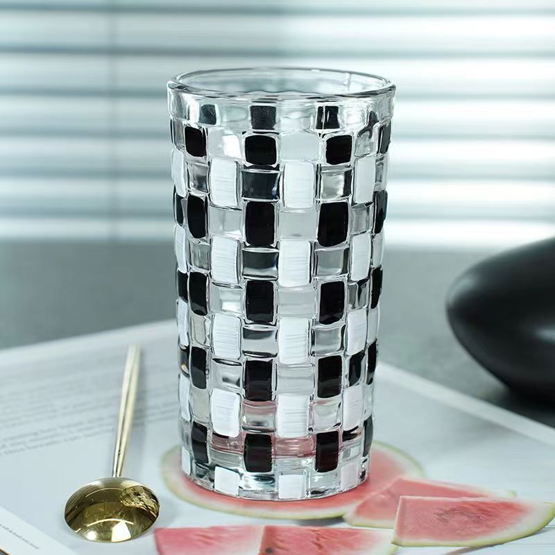Checkered Drinking Glass, 400ml Black & Clear Glass Tumbler