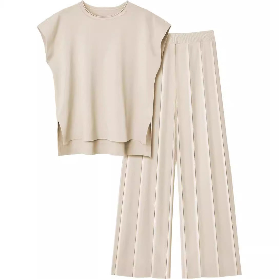 Women’s Knit Two-Piece Set – Sleeveless Top & Wide Leg Pants Lounge Outfit