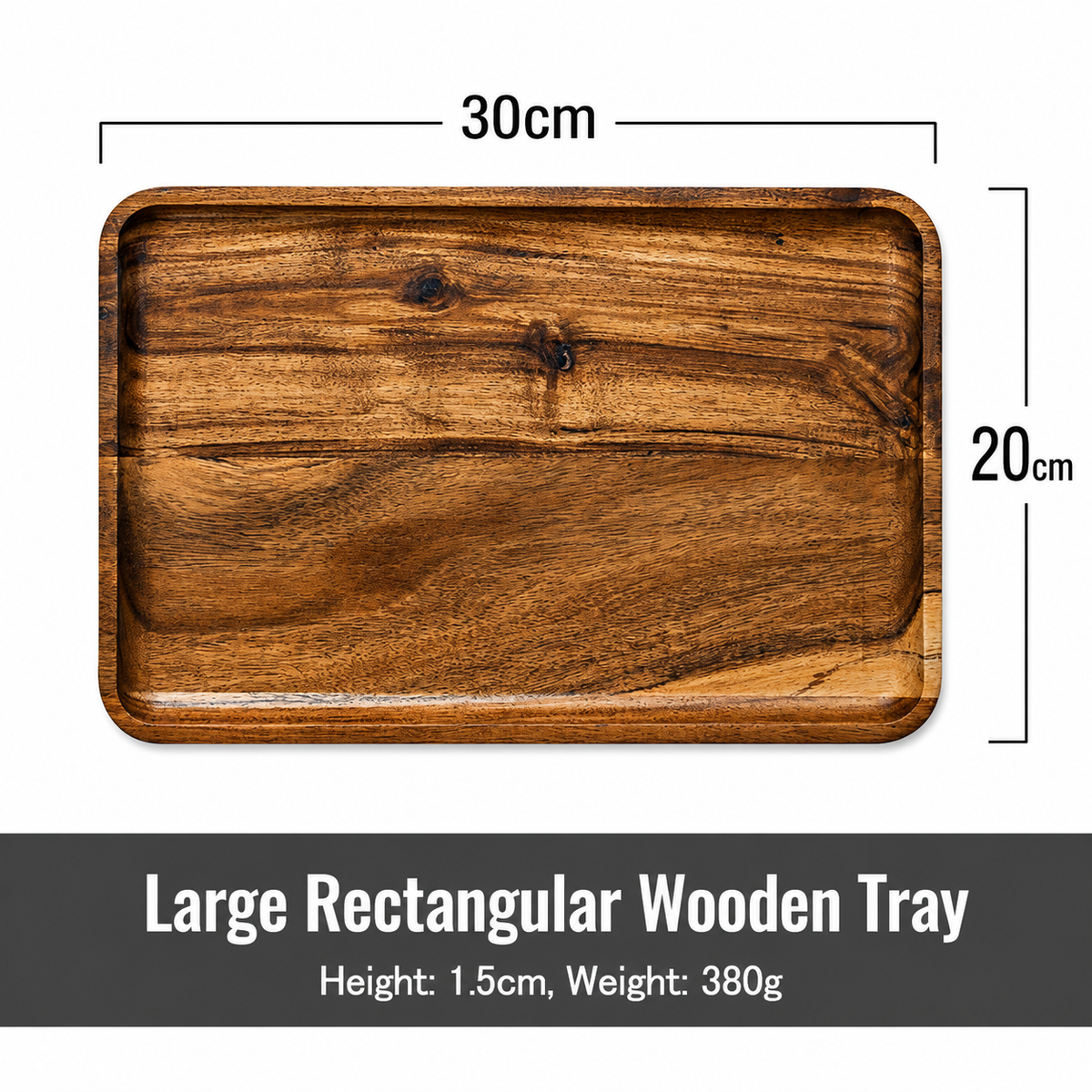 Acacia Wood Serving Tray, Rectangular Wooden Tea Tray, Dessert, Snack & Cake Plate