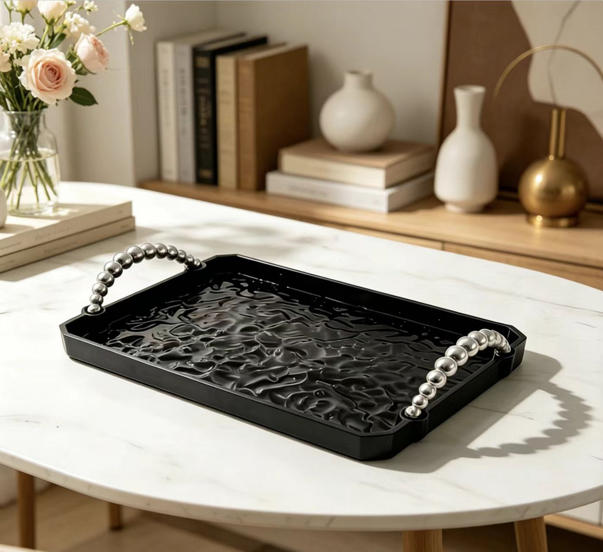 Glossy Black Ripple Surface Rectangular Plastic Tray Contemporary Serving Tray Sleek Countertop Organizer Display Platter