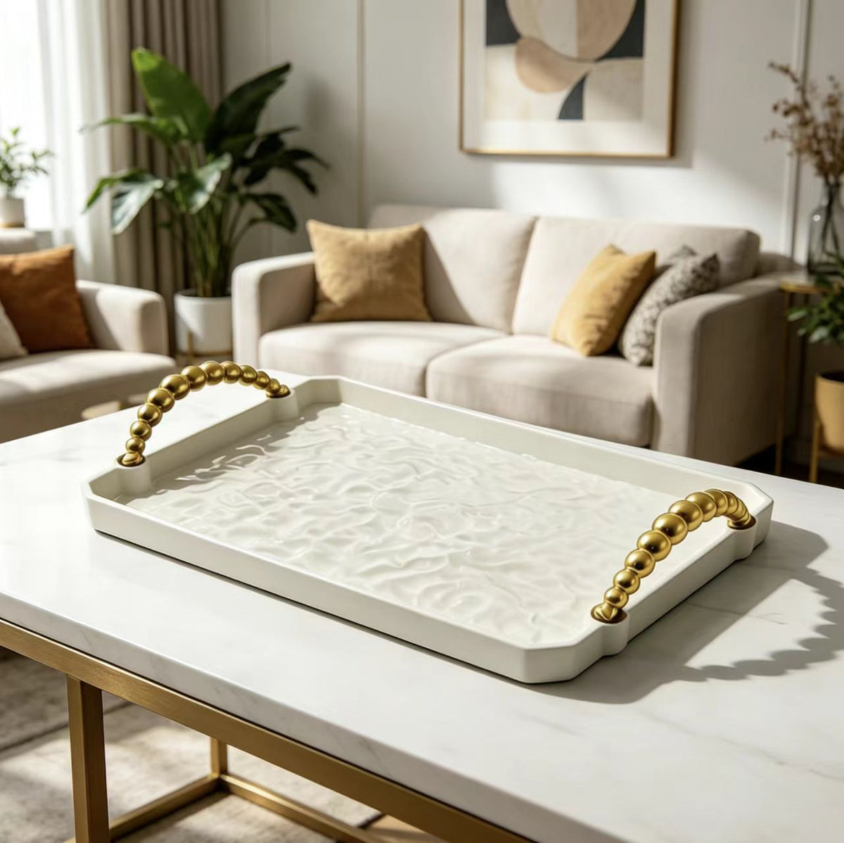 Milky White Ripple Texture Rectangular Plastic Tray Modern Serving Tray Decorative Organizer Countertop Display Tray
