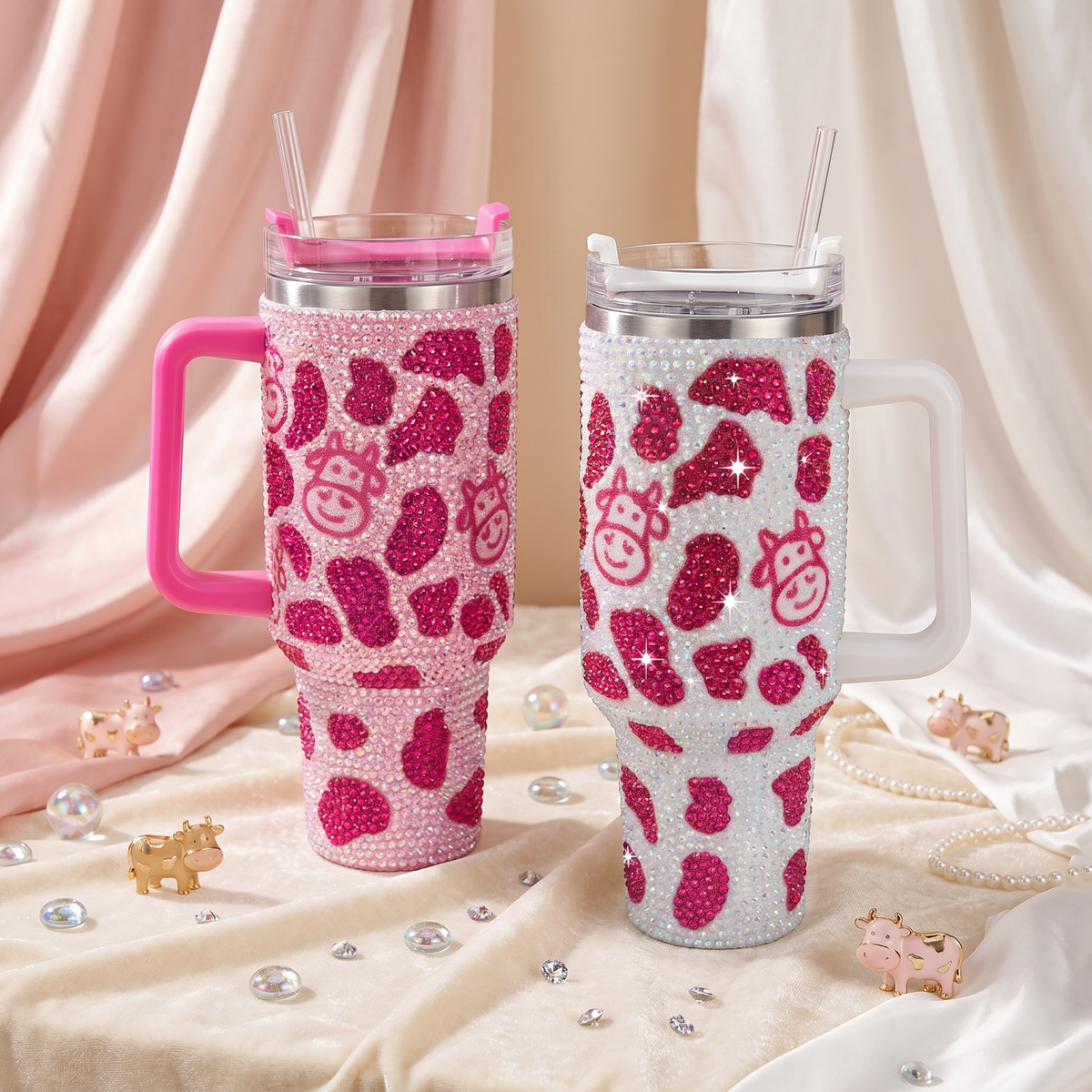 40oz Rhinestone Cow Pattern Stainless Steel Insulated Tumbler With Handle Large Travel Drink Cup