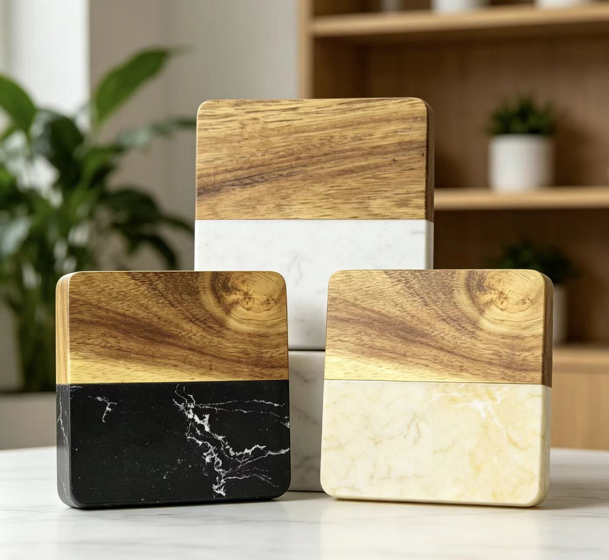 Square Acacia Wood and Marble Trivet Heat Resistant Pot Holder Kitchen Counter Protector Wooden Stone Hot Pad