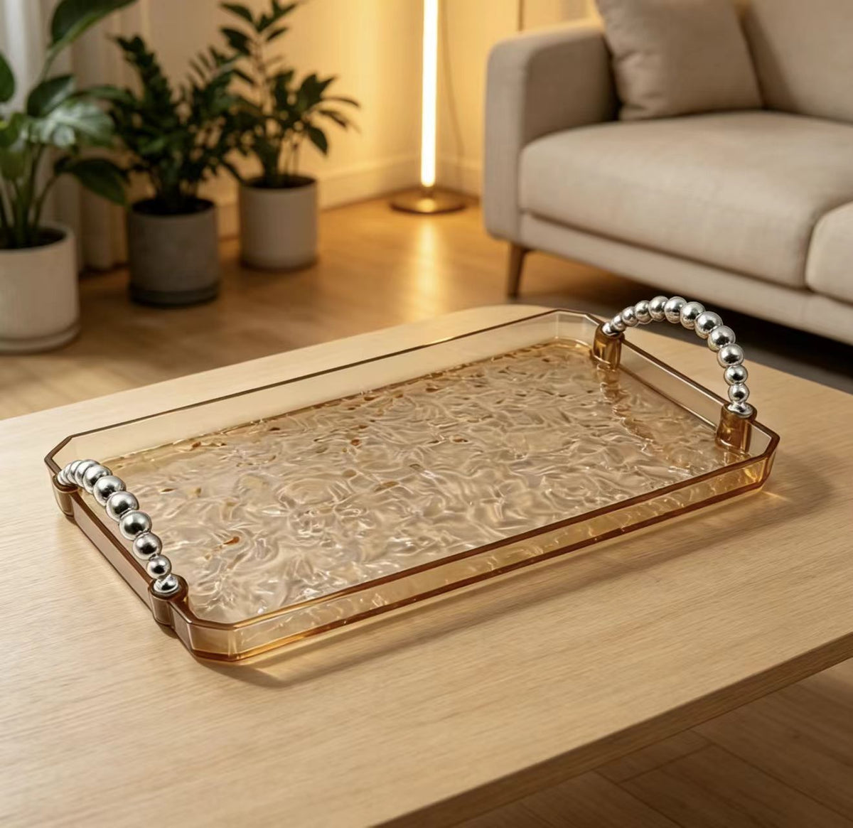 Warm Amber Ripple Finish Rectangular Plastic Serving Tray Modern Decorative Organizer Countertop Display Platter Home Use