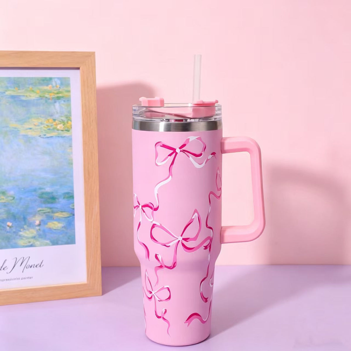 Floral Pattern 40oz Stainless Steel Insulated Tumbler with Straw & Handle – Large Capacity Travel Water Cup