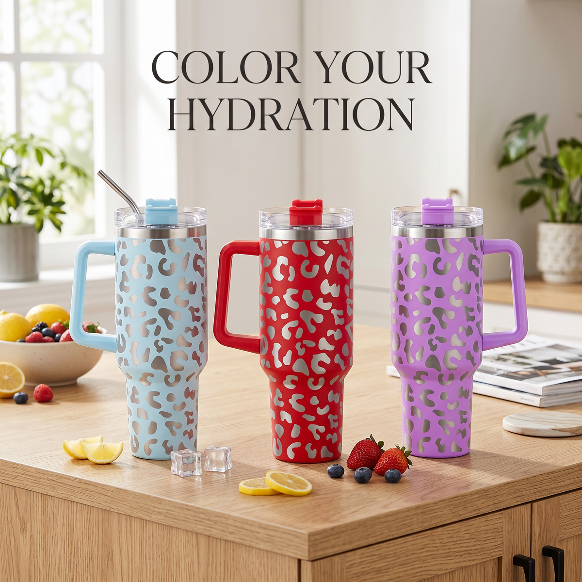 Leopard Print 40oz Insulated Travel Tumbler with Handle – Stainless Steel Ice Mug Portable Large Capacity Cup