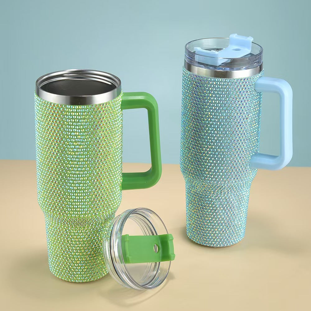 Rhinestone 40oz Stainless Steel Insulated Tumbler with Handle & Straw – Double Wall Portable Travel Mug