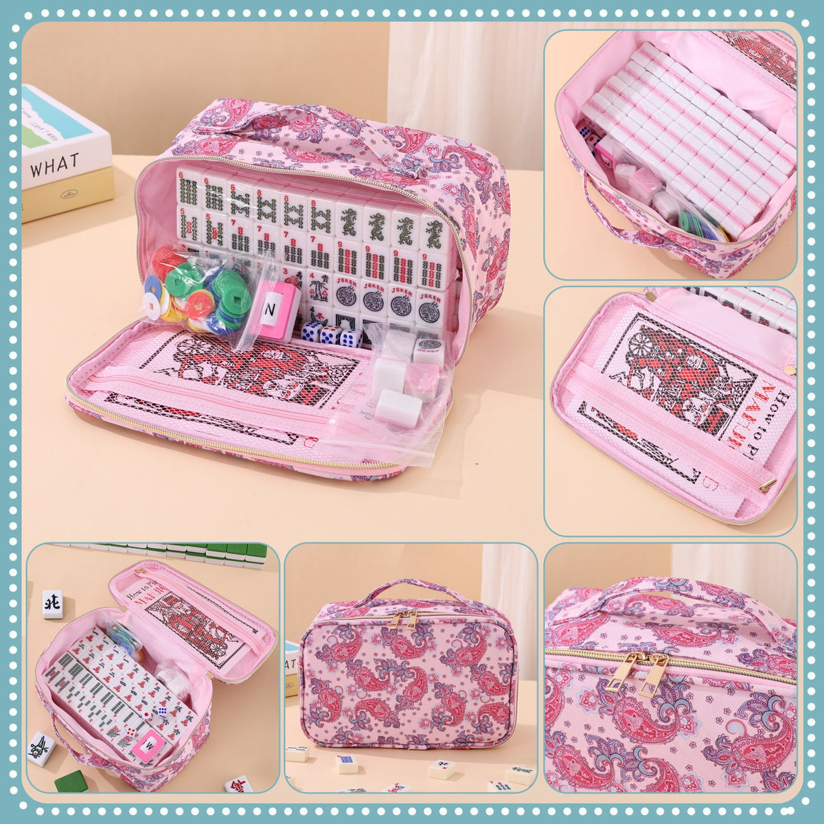 Mahjong Set Bag – Waist Bag with Printed Mahjong Pattern, Cosmetic Bag, Multi-Functional Large-Capacity Storage Organizer