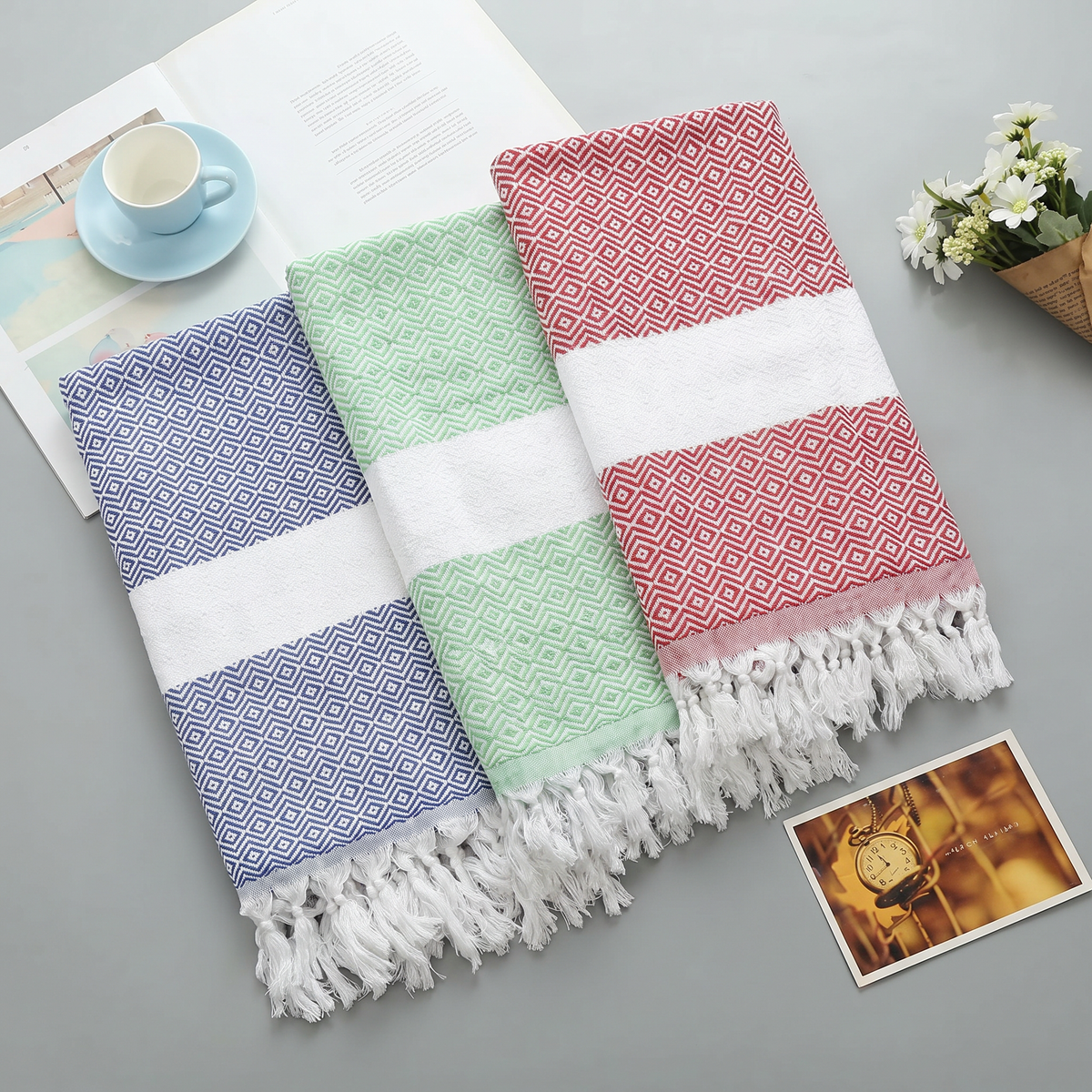 Turkish Diamond Tassel Beach Towel Cotton Lightweight Boho Picnic Throw Bath Towel 1x1.8m