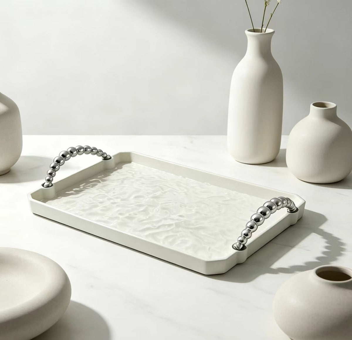 Rectangular Milky White Ripple Plastic Tray Minimalist Serving Platter Modern Countertop Organizer Decorative Display Tray