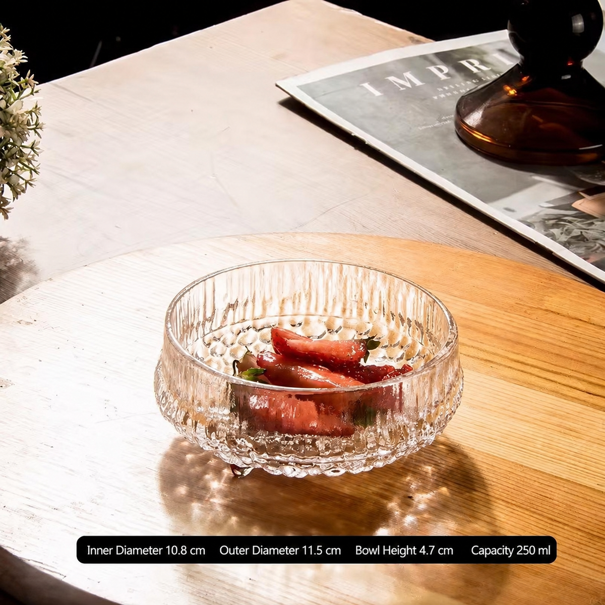 Crystal Glass Dessert Bowl – Textured Transparent Serving Bowl for Ice Cream, Fruit, Pudding and Sweet Treats