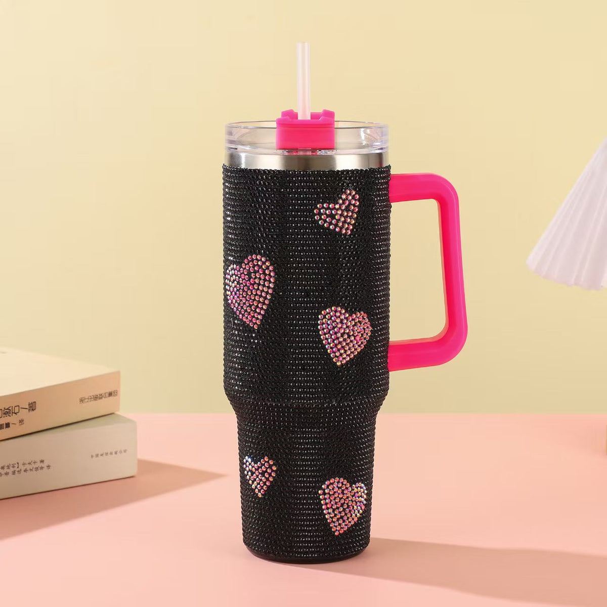 Black Mood Rhinestone 40oz Insulated Stainless Steel Tumbler with Straw – Statement Travel Cup with Handle